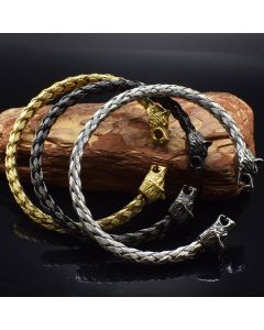 Stainless Steel Viking Wolf Head Opening Braided Bracelet