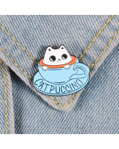 Pet Theme Coffee Shop Souvenir Blue Teacup Cute White Cat Coffee Brooch Badge