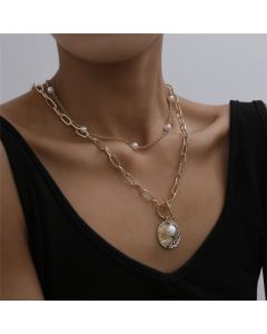 European And American Fashion Jewelry Korean Retro Metal Chain Baroque Pearl Female Necklace