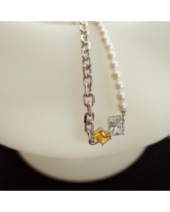 S925 Silver Exaggerated Candy Cube Sugar Necklace Female Retro Imitation Pearl