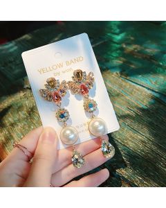 Long crystal pearl silver pin earrings