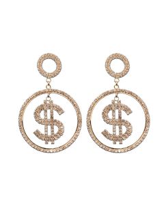 Dollar Letter Symbol Coin Rhinestone Exaggerated Earrings