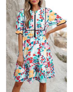 Green Floral Print Zipper Ruffled Short Sleeve High Waist Mini Dress