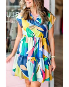 Blue Abstract Print V-Neck Short Sleeve Mini Dress