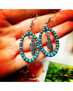 Antique Silver Exaggerated Earrings Vintage Blue Turquoise Feather Earrings