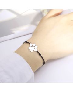 Cute And Graceful Sister Style Titanium Steel Cut Double Hole Solid Paw Print Pendant Adjustable Wax Rope Bracelet