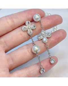 Asymmetric Flower Pearl Tassel Female Stud Earrings