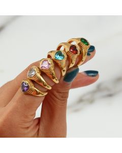 Vintage Fashion Ornament Stainless Steel 18K Gold Plated Crown Loving Heart Zircon Ring