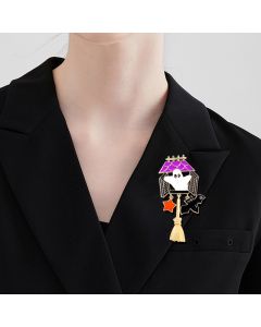 Halloween Brat Broom Pumpkin Head Cartoon Brooch
