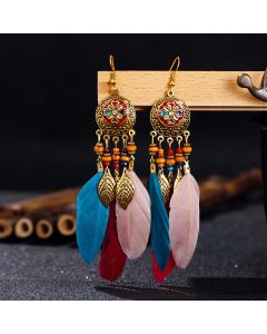 Ethnic Style Retro Earrings Bohemian Vacation Style Antique Alloy Carved Feather Tassel Earrings