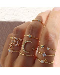 Bohemian Fashion Star Moon Love Pearl Leaf 10-Piece Ring