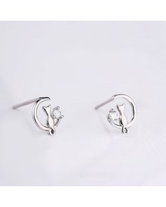 Women's Sterling Silver Moon Cat Stud Earrings Simple Rhinestone