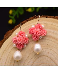 Natural Freshwater Pearl Coral Pink Embossed Earrings