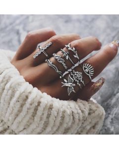Bird Bee Crown with Diamond Branches and Diamonds Devil's Eyes Rings Set of Nine Rings
