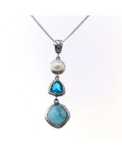 925 Sterling Silver Long Pendant Natural Sea Stone Necklace