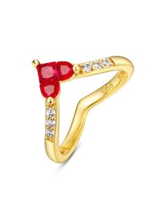 Womens Gold Inlaid Red Corundum Love Heart Zircon Ring