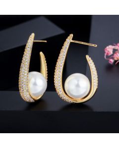 Real Gold Micro-inlaid Zircon Pearl Earrings