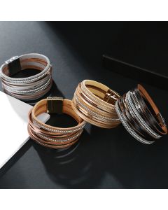 Multi-layer Genuine Leather Slim Chain Copper Tube Stick-on Crystals Bracelet