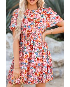 Sky Blue Floral Print High Waist Short Sleeve Bubble Hem Dress