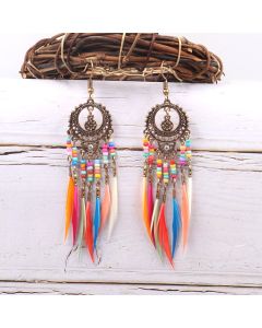 European and American personality exaggerated hollow oval colorful rice beads feather earrings