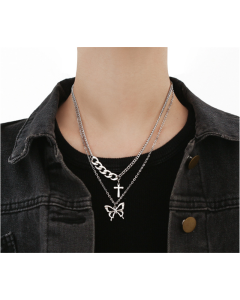 Double-layer Necklace Butterfly Cross Pendant Niche Design Sense