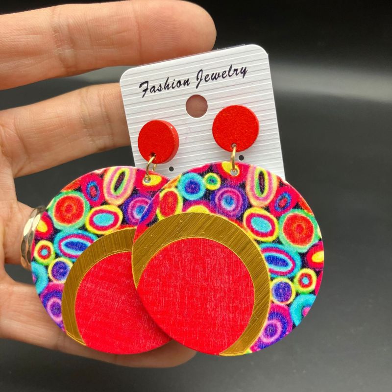 Wooden Printed Round Color Large Earrings